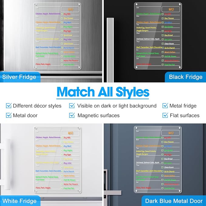 Acrylic Meal Planner Magnetic Menu Board for Kitchen Fridge Planning Board Grocery to Do List Shopping List w/ 8 Markers, Clear Weekly Calendar for Refrigerator Dry Erase Board, 12x9’’