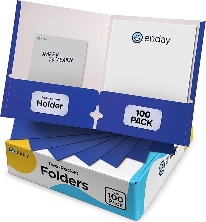 Blue Folders with Pockets 2 Pocket Folder Bulk, Two Pockets File for Letter Size Sheets, Bulk Paper Also Available in Blue, 100 Pack - By Enday