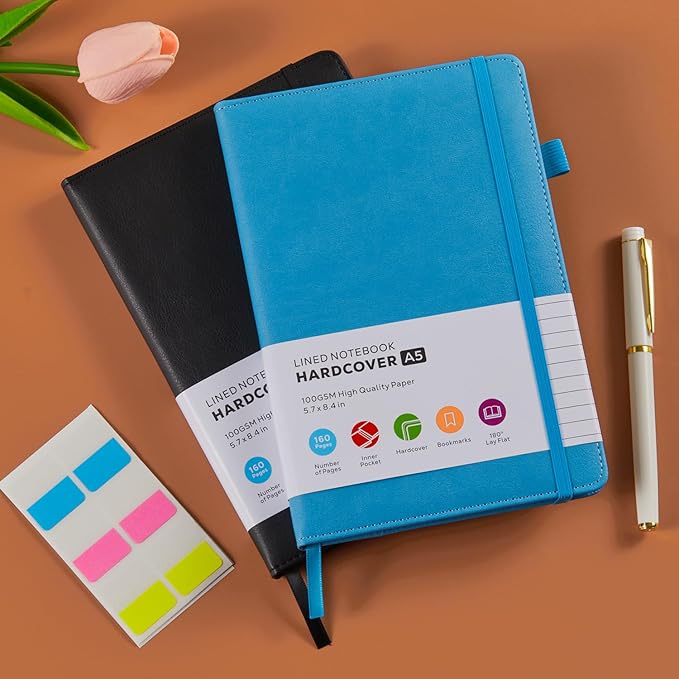 FOCUS DAY 2 Pack Lined Notebook Journals for Women/Men Work, A5 Leather Journal Notebook with Pen Loop, 100Gsm Premium Thick Paper, Inner Pocket, Medium 5.7"x8.4", Blue & Black