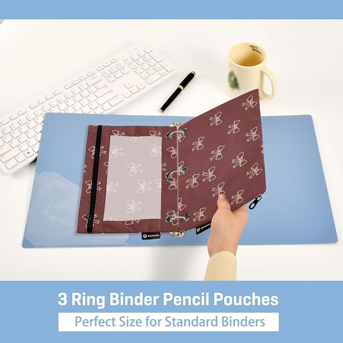 Gredecor 3 Ring Binder Pencil Pouch, Burgundy Maroon Bows Zippered Pen Case Pouches with Clear Window, 2 Pack Stylish Office & School Supplie