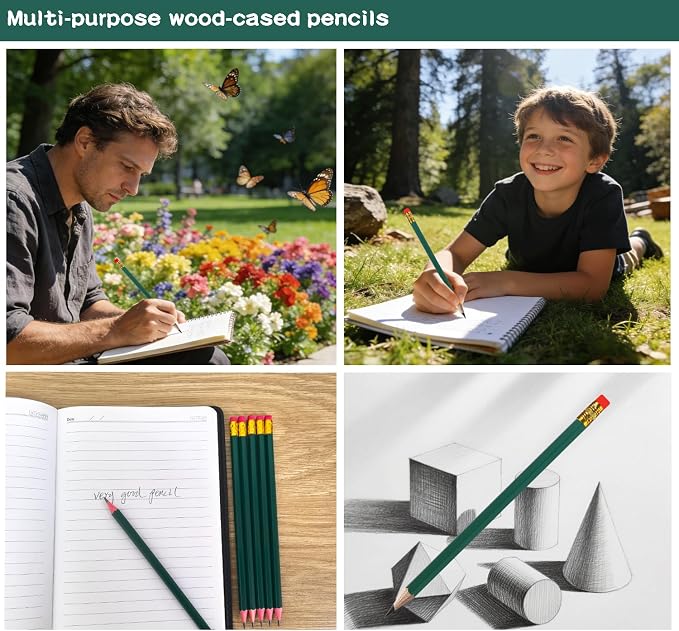 Adhere 25pcs Woodcase Pencils with Eraser Premium Pre-Sharpened Hexagon Graphite 2B pencils ideal for home, office writing including a Free Sharpener.(Dark Green)