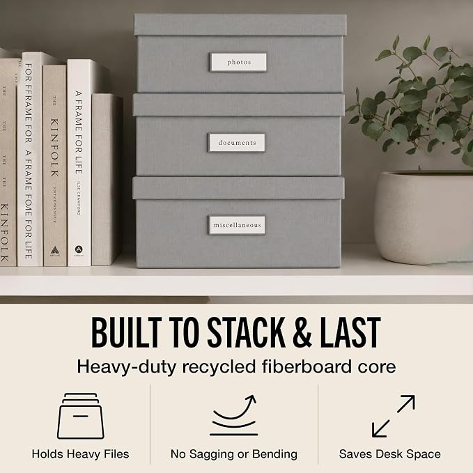 Bigso Oskar Fiberboard Label Frame Document Letter Box - File Organizer Box for Important Paperwork - Document Storage with a Lid & Metal Label Window - 3.3 in x 10.2 in x 13.8 in - Grey