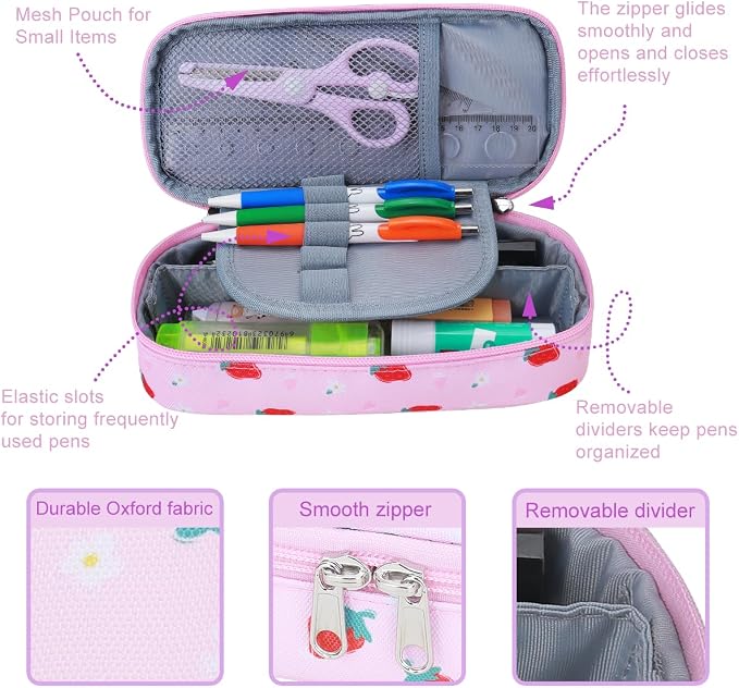 RHCPFOVR Kids Pencil Case for Girls-Soft Zipper Large Capacity Pencil Pouch for Girls Pencil Case for School Pencil Bag for Toddler (Pink Strawberry)