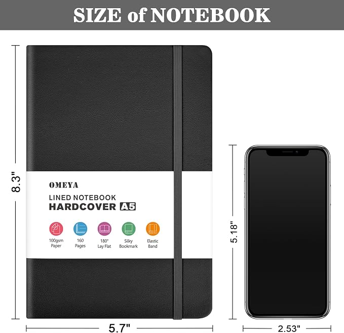 OMEYA Hardcover Journal Notebooks for Work: 8 Pack, A5 100gsm Lined Paper | Multicolor, 5.7" x 8.3", PU Leather Cover, Notebooks Bulk for Office, School, Meetings, Daily Plans and Personal Journaling