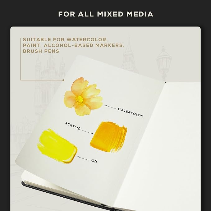 Beechmore Books 300 GSM Heavyweight Mixed Media Sketchbook A5 5.8" x 8.3" Vegan Leather Hardcover Professional Art Journal for Paintings, Gouache and Ink