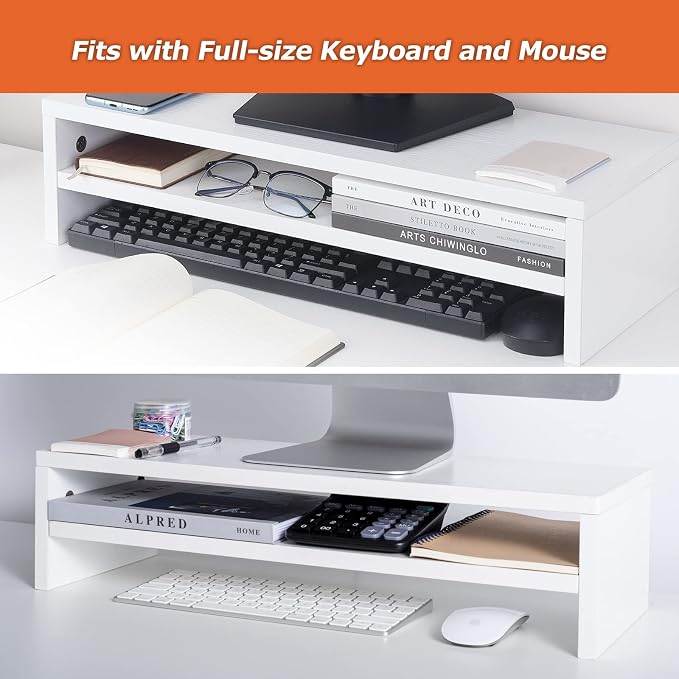 BEYGORM Monitor Stand Riser, White, 21.6 inch, 2 Tiers Wood Desk Shelf | For Full Keyboard, Computer Screen Stand with Storage for Desktop Laptop/Screen/TV/PC/Printer 21.6"L x 7.8"W x 5.2"H