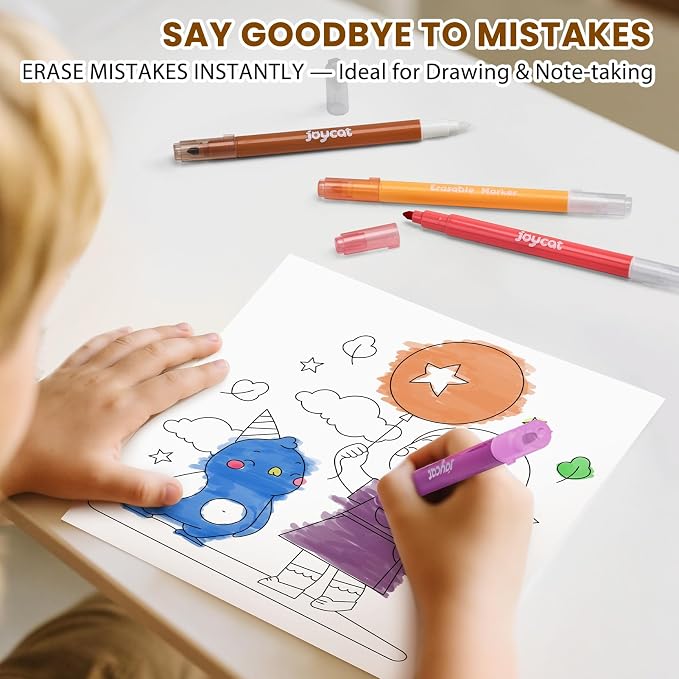 JoyCat 12-Color Erasable Markers for Kids, Dual Tip Magic Pens for Paper | Erasable highlighters use white tips to correct details and reveal notes, ideal for school projects, journaling and crafts.