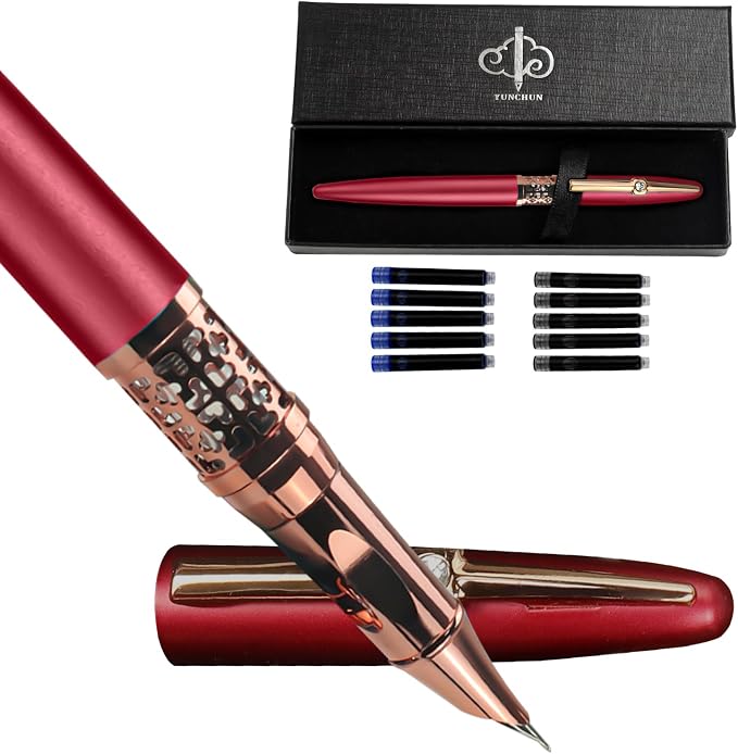 YUNCHUN Refillable Fountain Pen Fine Nib, Fancy Ink Pen with 10 Black & 10 Blue Ink Refills Cartridges, Cool Ink Pens for Writing, Business Metal, Best Gift Set for Men & Women, Red