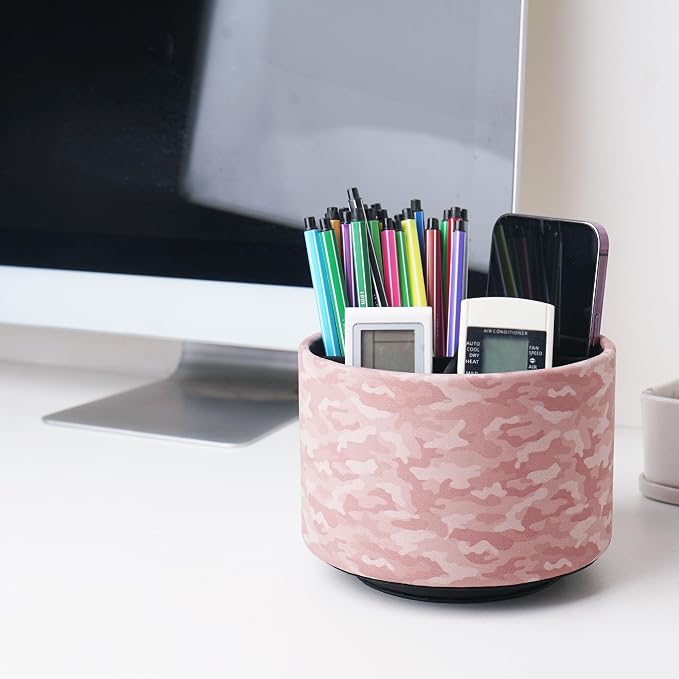 Round Leather Art Supply Organizer,Remote Control Holder,360 Degree Rotating,Multi-Functional Pencil Holder,4 Compartments Desktop Stationary Organizer(1-Camouflage Pink)