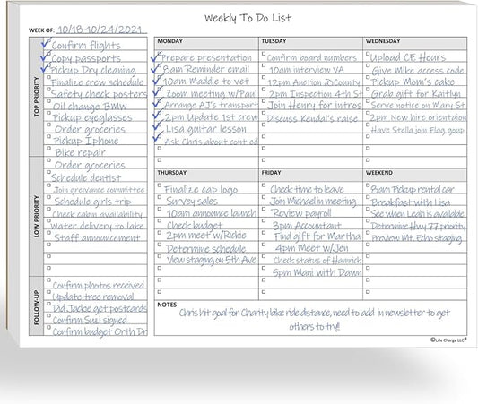 Life Charge Weekly Planner Notepad for Work & Home, Weekly To Do List Pad with Daily Checklist, Priority & Notes, 60 Pages, 8.5 x 11 Letter, Landscape