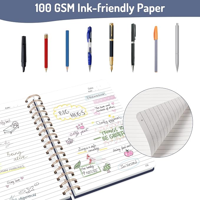 Forvencer Lined Spiral Journal Notebook with 300 Numbered Pages, A5 College Ruled Thick Journals for Writing with 100GSM Paper, Hardcover Notebooks with Contents for Work, School, Women, Men, Navy