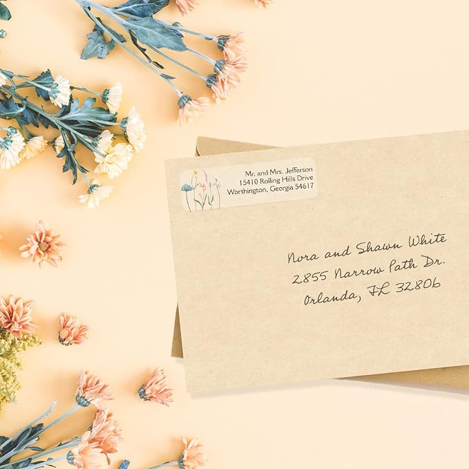 Clear Wildflower Rolled Address Labels / 500 Personalized Return Address Labels/Designer Address Stickers in Elegant Plastic Dispenser
