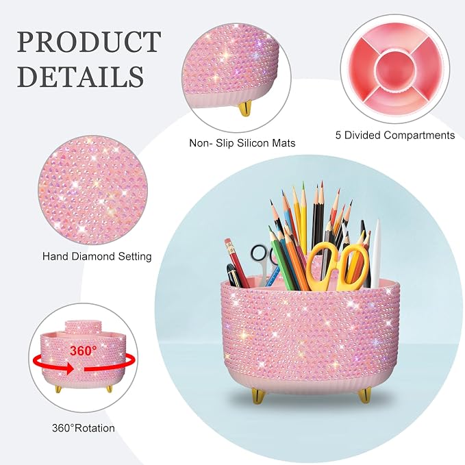 Bling Pink Rhinestone Desk Organizer with 5 Slots 360 Degree Rotating, Bling Pen Holder Makeup Brush Holder for Women, Pink Rhinestone Office Accessories