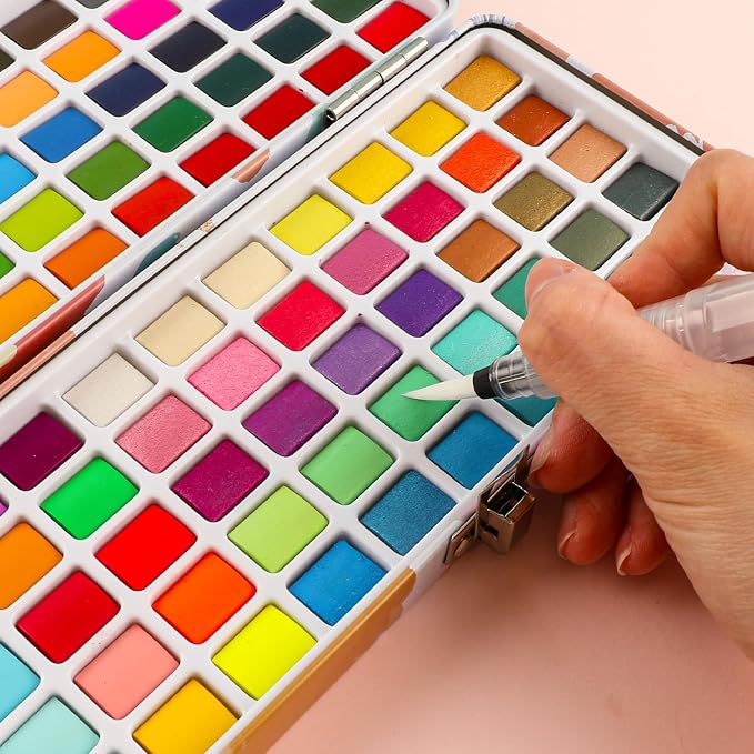Grabie 100 Colors Watercolor Paint Set - 50 Regular, 35 Metallic, 10 Macaron and 5 Fluorescent Colors - Portable with Carrying Case, Water Brush Pens, and Accessories - For Beginners and Professionals, Set of 100