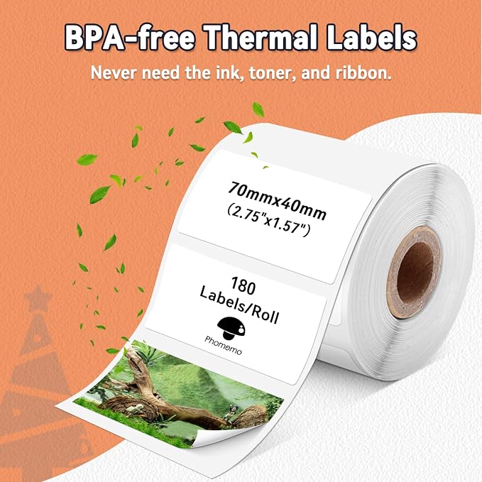 Phomemo Thermal Labels, Address Barcode Thermal Stickers for M220/M221/M200/M250 Label Printer Machine, 2.75"x1.57"(70x40mm),100 Labels/Roll, for Barcode/Address/Mailing/Logo,Black on White