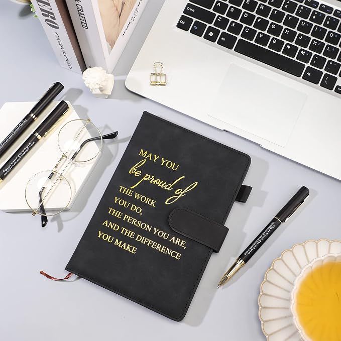 Kosiz 20 Pcs/10 Sets Employee Appreciation Gift Bulk A5 Leather Notebook Inspirational Journal Pen Thank You Gift for Men Women Coworker Teacher Office Back to School(Black,Proud)