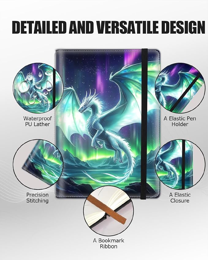 Hardcover Executive Notebooks, A5 PU Leather Lined Journal Notebook, 200 Pages Thick Paper Subject Notebooks for School,Work,Home Writing Business Notebook, Diary Book, Dragon and Aurora