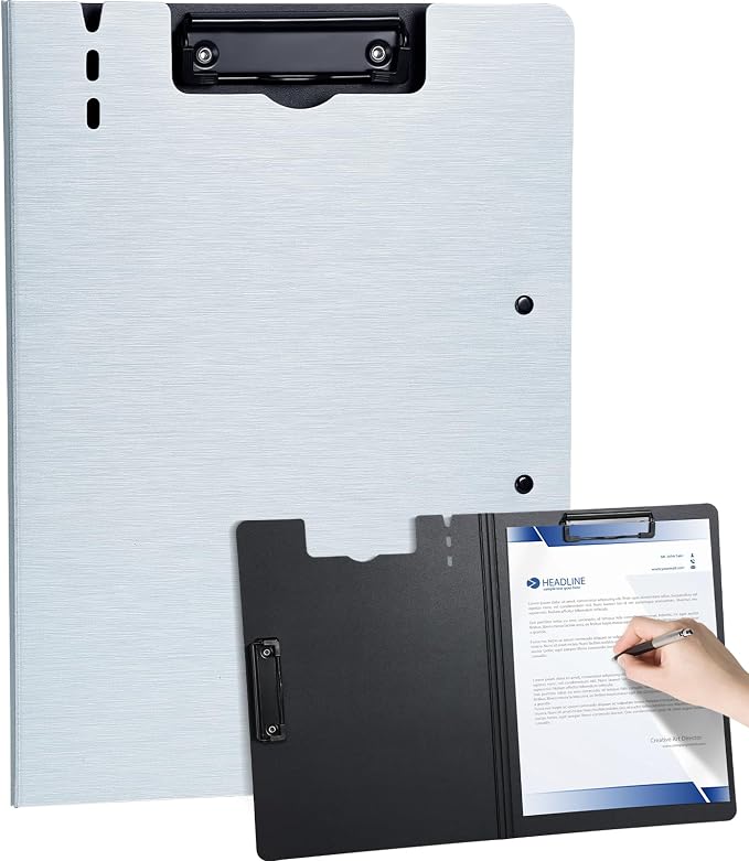 Clipboard Folder, with Dual Metal Clips, Embossed-Texture, Folding 360° Rotating, Nursing Clipboard for Letter and A4, Pen Holder (Silver, 1)