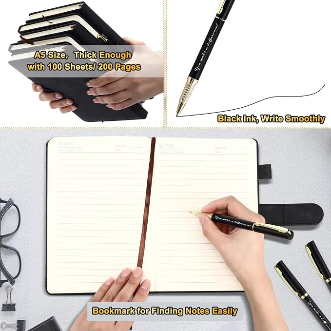Kosiz 20 Pcs/10 Sets Employee Appreciation Gift Bulk A5 Leather Notebook Inspirational Journal Pen Thank You Gift for Men Women Coworker Teacher Office Back to School(Black,Difference Maker)