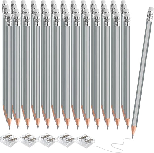 60 PCS Silver Pencils Bulk with Eraser, Pre-Sharpened HB Pencils for Writing & Drawing, School Supplies for Kids Homework, Tests, Art Crafts & Teacher Grading (Silver)