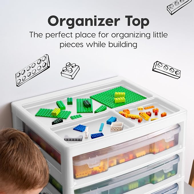 IRIS USA Fits 12" x 12" Paper, 3-Tier Desk Top Storage Unit with Organizer Top, for Office Art & Craft Supplies, Pens Pencils Sticky Notes Paper Clips, 3 Clear Cases w/ Built in Handle - White/Clear