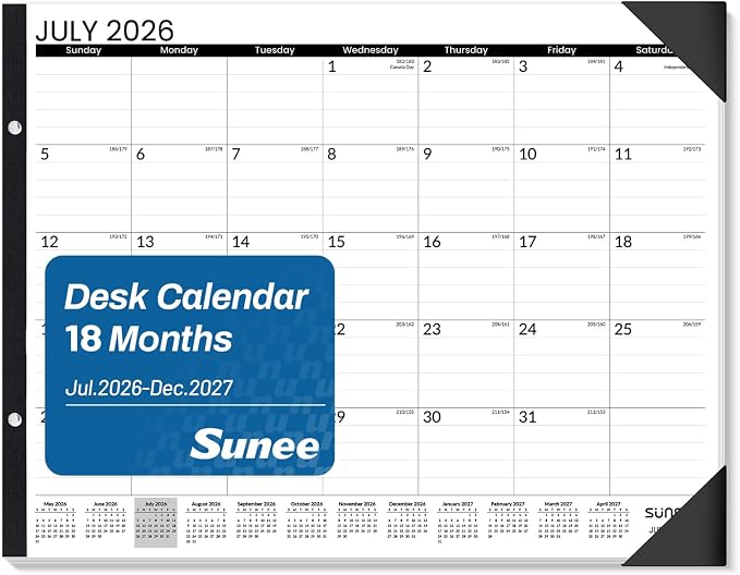 SUNEE Desk Calendar 2026 Large 22x17 from July 2026 to December 2027, Extra Large Desktop Monthly Calendar Pad 18 Months For Teacher or Office, Desk Top, Black Minimalism