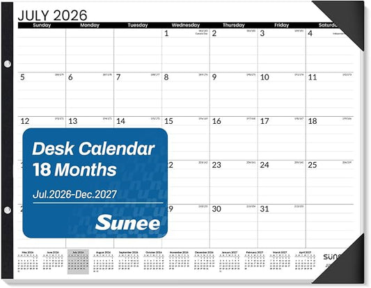 SUNEE Desk Calendar 2026 Large 22x17 from July 2026 to December 2027, Extra Large Desktop Monthly Calendar Pad 18 Months For Teacher or Office, Desk Top, Black Minimalism