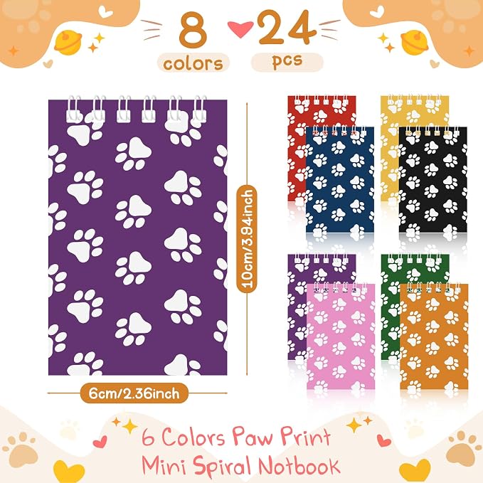 Weecent 24 Pcs Mini Notebooks Dog Paw Party Favors for Kids Puppy Animal Notepads Spiral Pocket Notebooks Birthday Teacher Classroom Rewards Supplies for Goody, 2.36 x 3.94 Inches