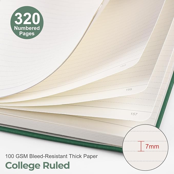EMSHOI Lined Journal Notebook, 320 Numbered Pages, A5 Size (5.7'' x 8.3'') | Leather Hardcover, 100 GSM Thick Paper, for Women & Men, Journaling, Writing, Work & Office, Sun Debossed (Dark Green)