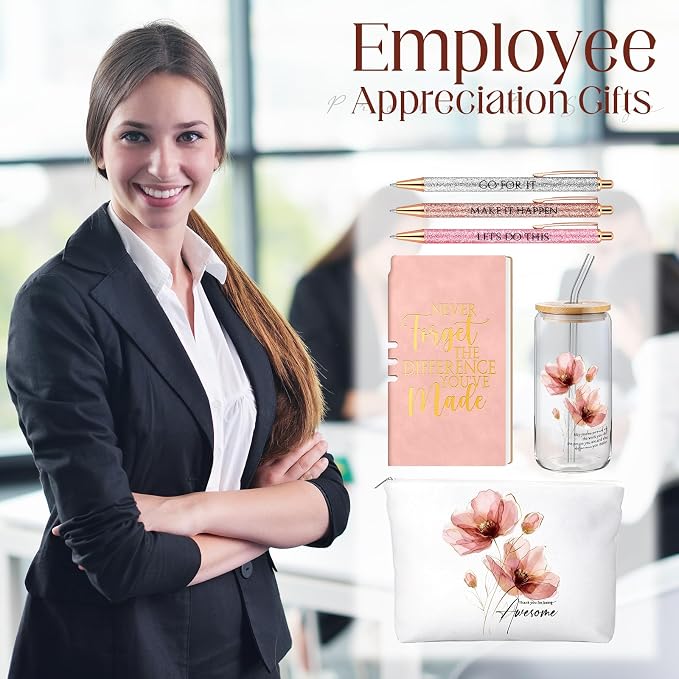 Funnymoom 6 Pcs Appreciation Gifts Set for Women Back to School Teacher Gifts Employee Thank You Gift with 17 oz Glass Tumbler Journal Pens and Pouch for Coworkers Educators,Floral,Pink