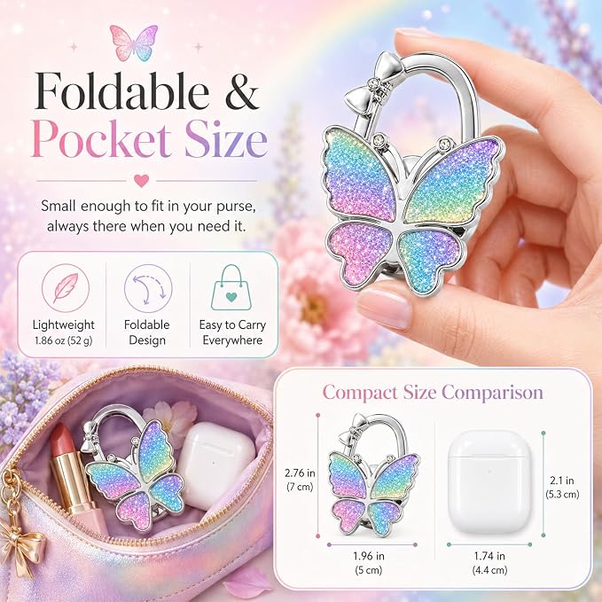 Purse Hook for Table, Foldable Handbag Hanger for Women, Portable Bag Holder with Non-Slip Base, Cute Matte Colorful Glitter Butterfly Purse Table Hook for Restaurant Office Travel Gift