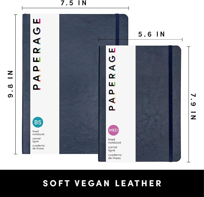 PAPERAGE Softcover Lined Journal Notebook (Navy), 176 Pages, Large B5 College Ruled Notebook, 7.6 inches x 10 inches - 100 GSM Thick Premium Paper, Soft Vegan Leather Journal for Home, Work & School