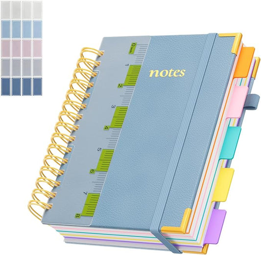 XYark A5 Hardcover Spiral Notebook, 6.3"x8.5" College Ruled Notebooks with Removable Divider Tab & Ruler, 5 Subject Notebook 300 Pages, Small Lined Journal for Women Men School Work Office, Light Blue