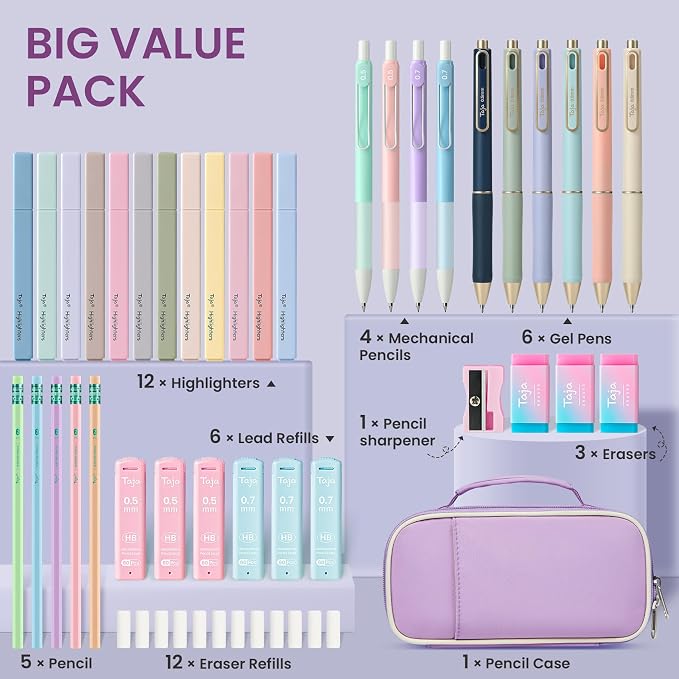 Cute Pencil Case With Supplies, 39 PCS Aesthetic Stationery Set with Pencil Pouch, 6 Black Ink Gel Pens, 12 Pastel Highlighters, 5 #2 HB Pencils, 4 Mechanical Pencils, Back to School Supplies - Purple