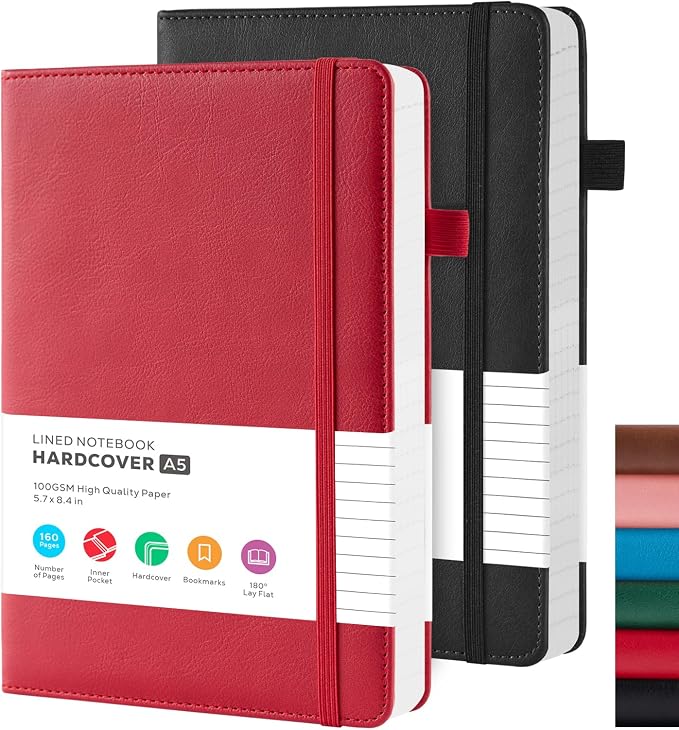 FOCUS DAY 2 Pack Notebooks Journals for Women/Men Work Writing, A5 Leather Diary Notebook with Pen Loop, 100GSM Lined Paper, Inner Pocket, for Gift, Office, School Supplies
