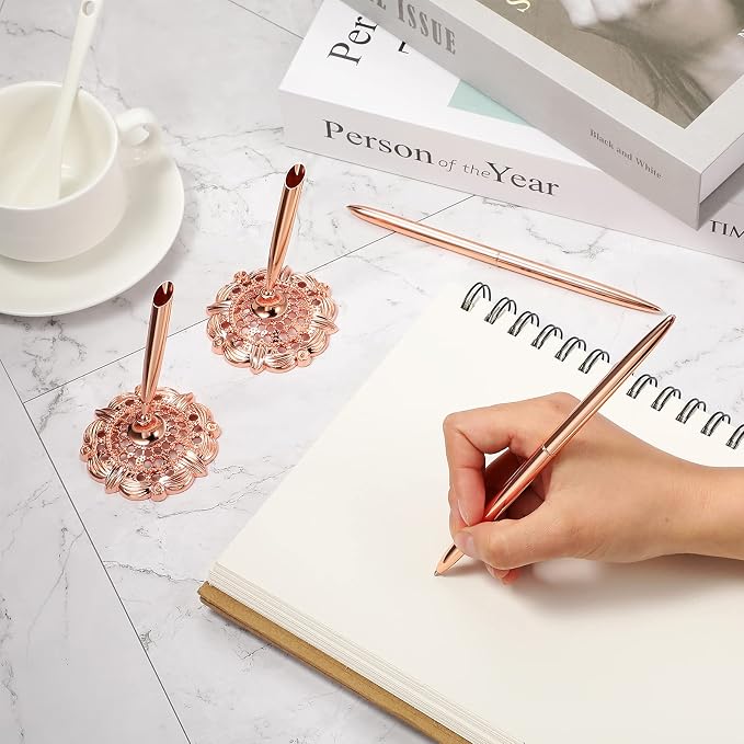 Outus 2 Pieces Wedding Pens for Guest Book Pen with Metal Hollow Round Holder Stand Set for Wedding Bridal Engagement Reception Supplies(Rose Gold)