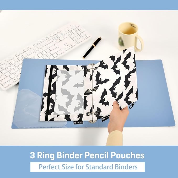 Gredecor 3 Ring Binder Pencil Pouch, Black White Bats-2 Zippered Pen Case Pouches with Clear Window, 2 Pack Stylish Office & School Supplie