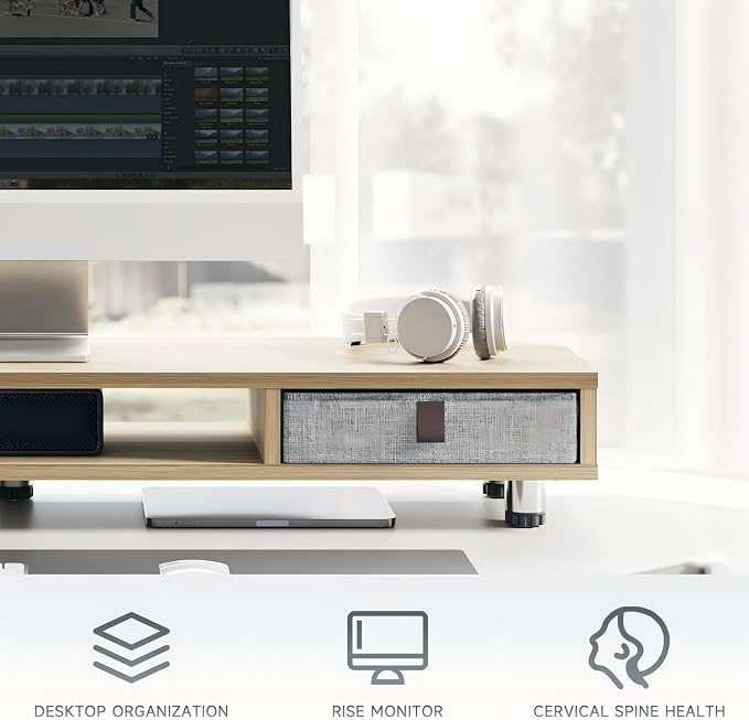 Fenge Dual Monitor Stand, 2-Tier Desk Organizer with Drawers, 42.5in, Oak | Monitor Riser with Storage, Ergonomic Height Adjustable Computer Stand, Desk Shelf for Top of Desk, Laptop, PC, TV