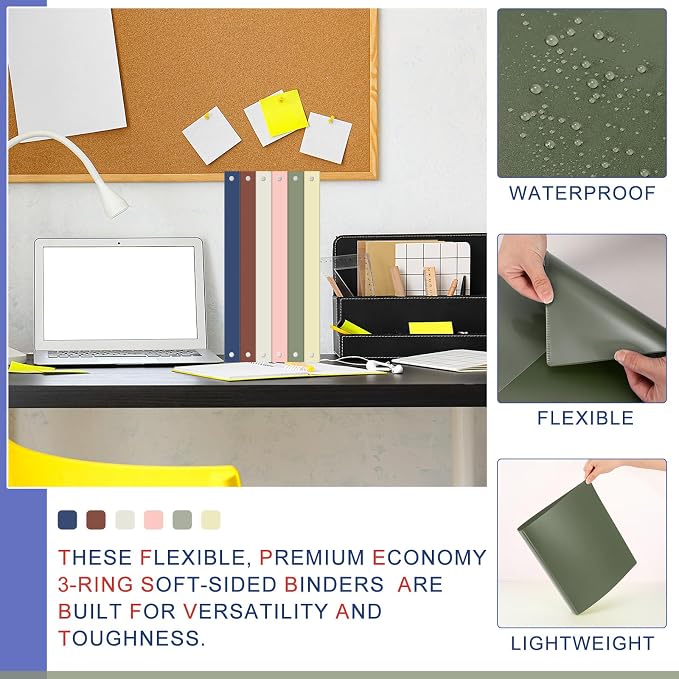 Fulmoon 6 Pack Plastic 3 Ring Binder Assorted Colors Economy Flexible Round Ring Presentation Binders with Pocket for Office School Meeting(1.5 Inch,Morandi Colors)