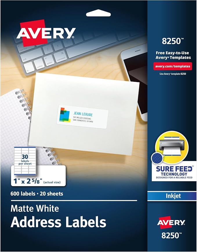 Avery Matte White Address Labels, Sure Feed Technology, Permanent Adhesive, 1" x 2-5/8", 600 Labels (8250) (Pack of 5)
