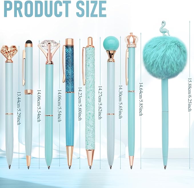 WEMATE 8Pcs Blue Pens, Metal Crystal Diamond Pens with Black & Blue Ink | Cute Fancy Pens for Journaling, Office Supplies, Gifts for Women Girls, Birthday & Back to School Supplies
