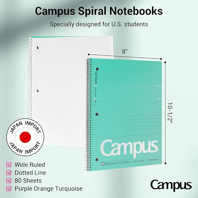KOKUYO Spiral Notebooks, 3 Pack Wide Ruled 10-1/2" x 8" Lined Notebooks | Campus Subject Notebooks, 80 Sheets, 3 Holes School Japanese Ring Journal for Work Study Note Taking, Purple Orange Turquoise