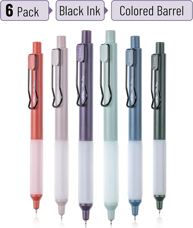 Mr. Pen- Retractable Gel Pens, 6 Pack, Black Ink, Vintage Barrels | Fine Point 0.5 mm, Fast Dry, Smooth Writing, Cute Pens for Drawing, Writing Planner and School Supplies