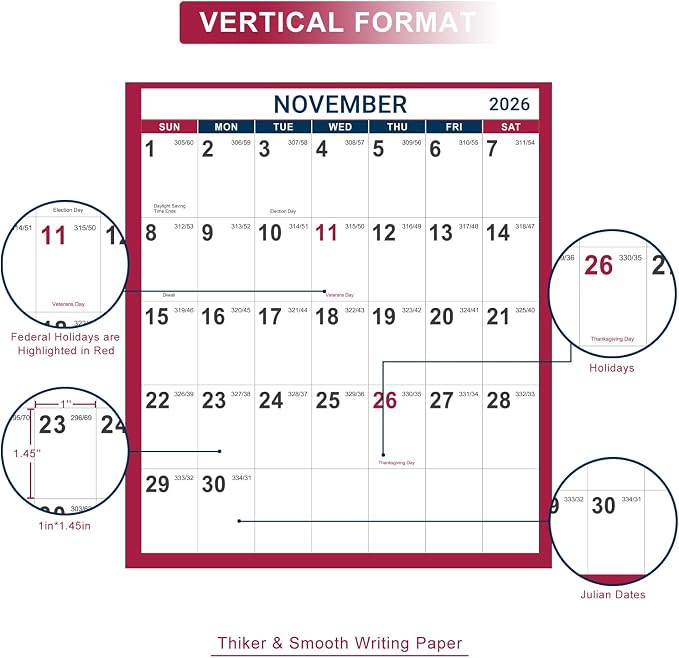 2026-2027 Yearly Wall Calendar - Calendar 2026-2027, 34.8" x 22.8"(Open) | Large Wall Calendar 26-27, July 2026 - June 2027, Full Year Calendar Large, One Page Vertical with Round Stickers - Red