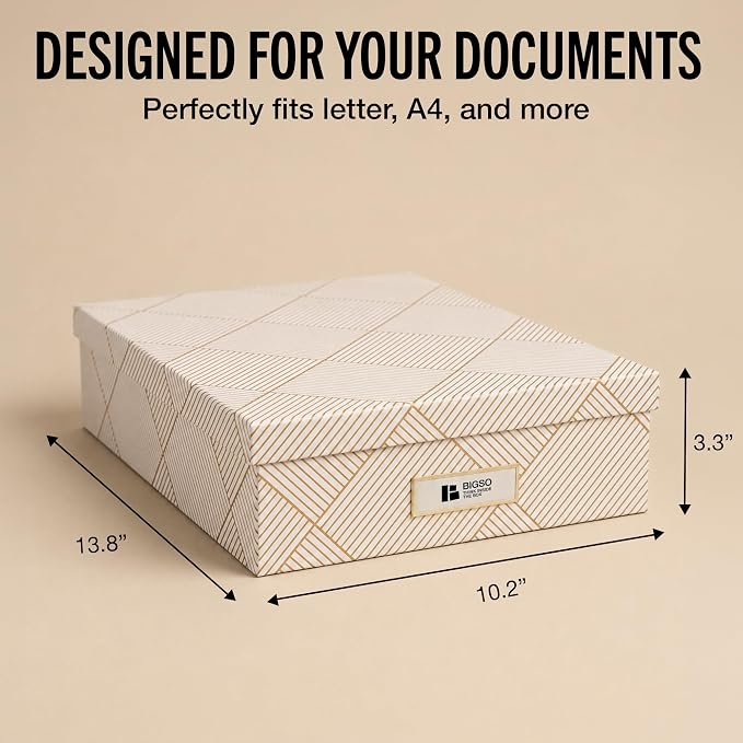 Bigso Oskar Fiberboard Label Frame Document Letter Box for Important Paperwork A4 or Letter Size - Durable Keepsake Box with Lid and Metal Label Holder - 3.3in x 10.2in x 13.8in - Golden Square