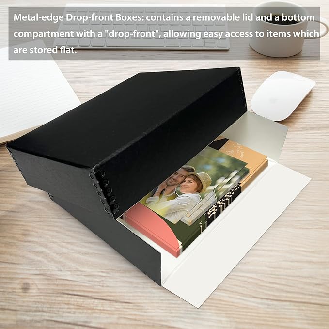 Golden State Art, Drop Front Archival Storage Box, 9.25"x11.75"x3"-Black | Acid-Free 8.5x11 Museum Photo Storage Box with Metal Edge, Preserve Documents, Prints, Poster, Photographs, Arts And Crafts