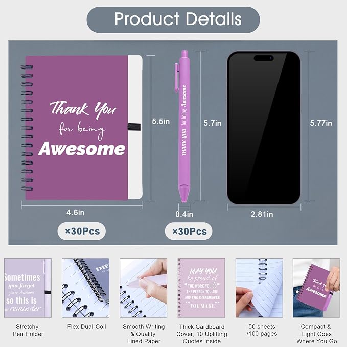 30 Sets/60 Pcs Employee Appreciation Gifts Bulk – Inspirational Notebooks with Motivational Pens, Small Notepads for Coworkers, Office Staff, Team, Volunteer, Nurse, Teachers, Housekeeping (Purple)