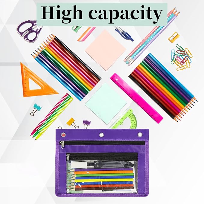 YoeeJob 2 Pack 1 Inch Expandable Zipper Pencil Pouches with Clear Window for 3 Ring Binder, Suitable for School & Office (Purplek)