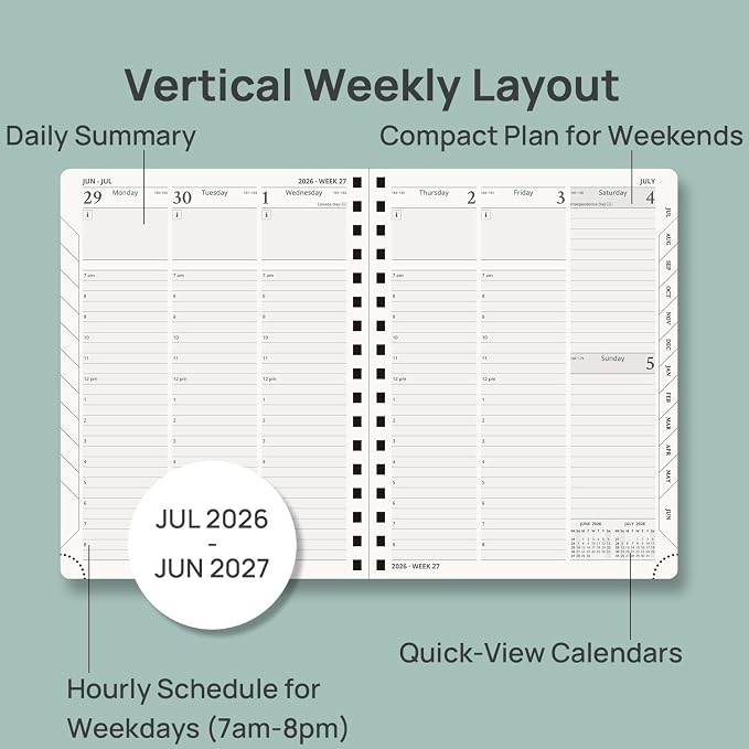 POPRUN Planner 2026-2027 (Medium - 6.5'' x 8.5'') Academic Weekly Planner | Calendar(July 26-June 27) Appointment Book with Hourly Time Slots, Monthly Tabs, 100GSM, Spiral Leather Cover - Pacific Green