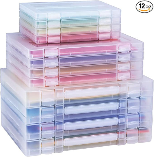 12 Pack A4 Paper Storage Boxes, 8.5 x 11 Plastic Portable Project Case for US letter Size and A4 paper, Plastic Multi-Purpose Thick Scrapbook Storage Box for Office